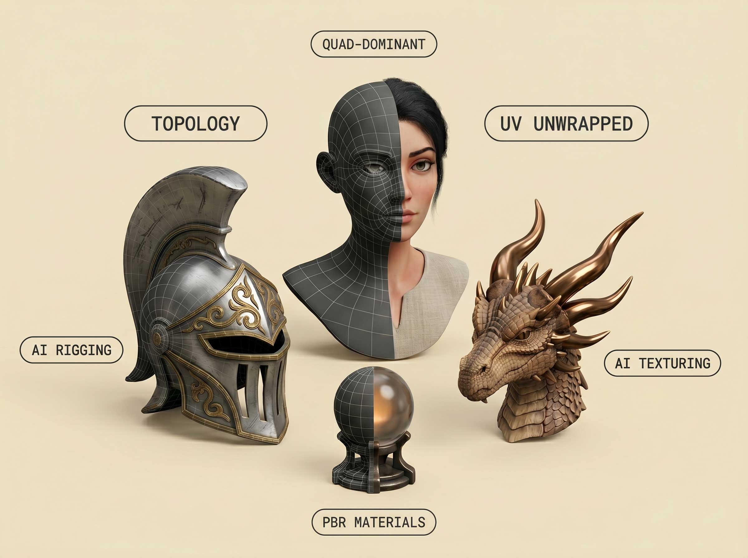 Alpha3D’s official refinement illustration highlights topology, UVs, materials, texturing and rigging.